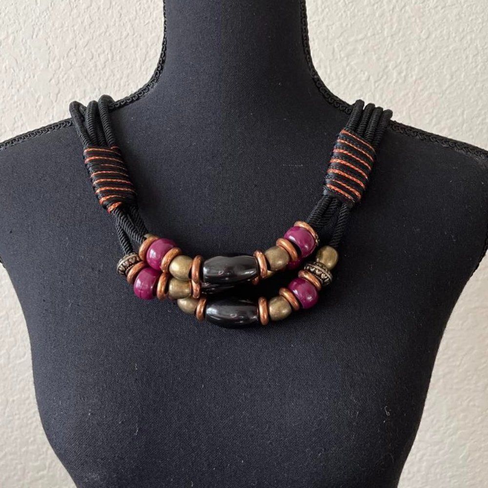 Vintage Triple Long Necklace with Colored Heads Length 30" Jewelry
